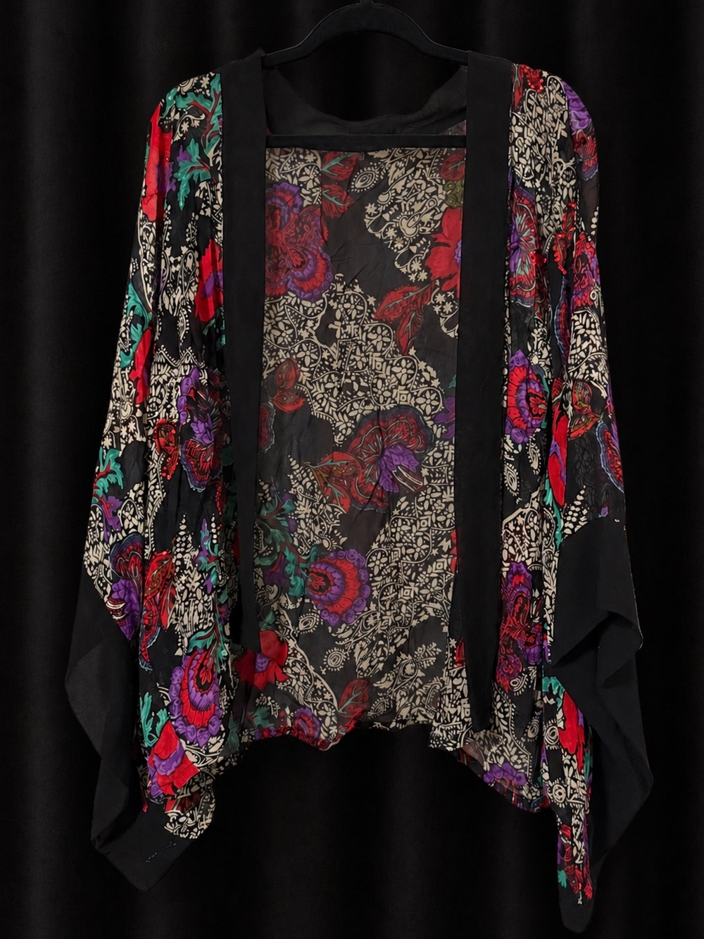 Gothic Boho Sheer Floral Paisley Kimono Sequin Jacket Black Multicolor L Whimsy